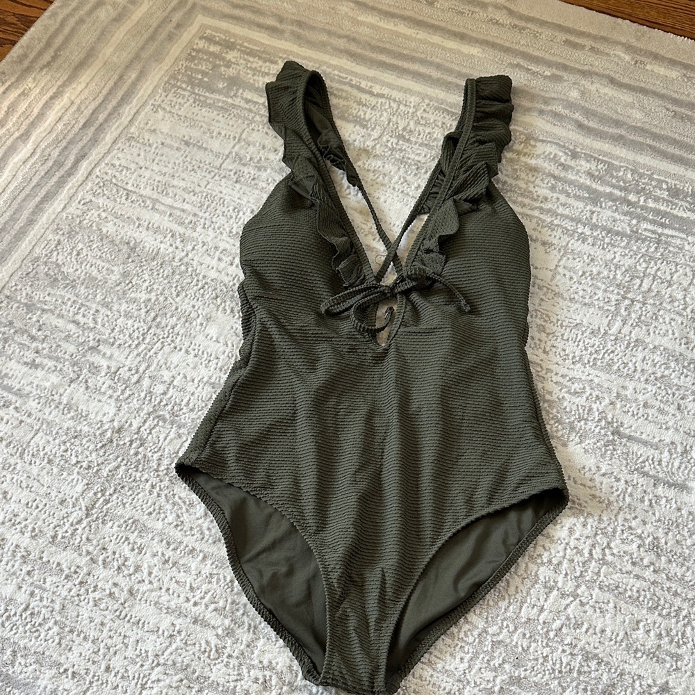 Aerie Olive Green Ruffled One Piece Swimsuit